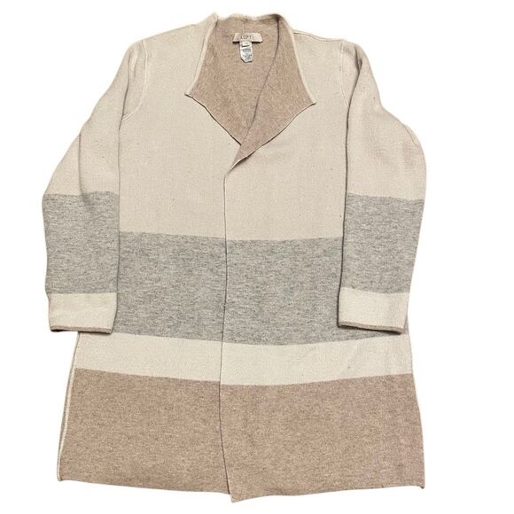 LOFT Striped Foldover Collar Longline Cardigan L Cream Tan Colorblock Open Front - Picture 1 of 4
